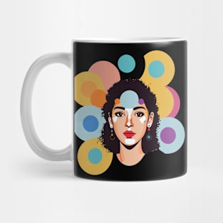 t-shirt design, woman’s face with colorful circles around it, digital art Mug